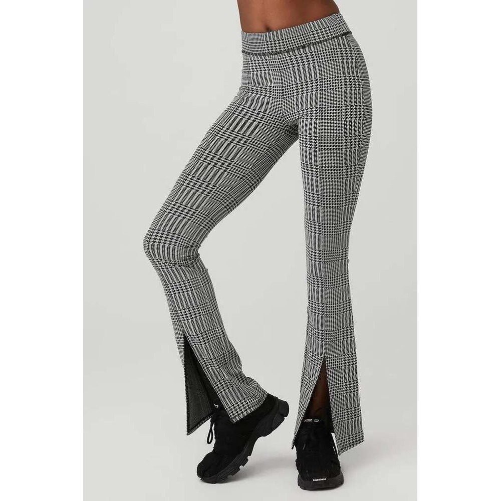 Alo Yoga Airbrush High-Waist Flare Leggings Womens L Blk White Houndstooth Plaid
